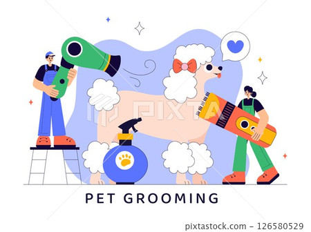 Pet Grooming Vector Illustration featuring the Maintenance of Cleanliness, Health, and Appearance of Pets such as a Dog or Cat in a Background Pet Grooming Vector Illustration featuring the Maintenance of Cleanliness, Health, and Appearance of Pets such as a Dog or Cat in a Background 126580529