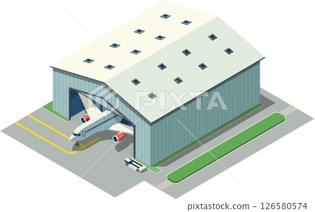 Isometric airplane in hangar exterior Isometric airplane in hangar exterior 126580574