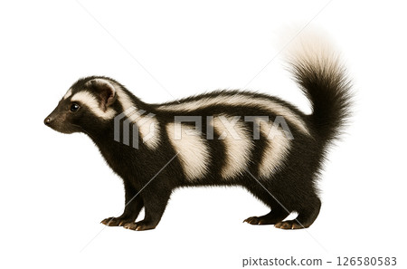 Sideways full body photo of a striped skunk Sideways full body photo of a striped skunk 126580583
