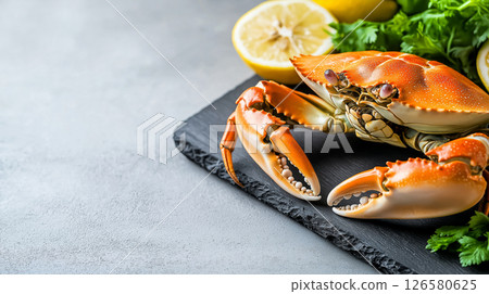 Fresh crab on slate with lemons and parsley - culinary seafood presentation 126580625