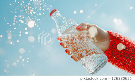 Female hand holding effervescent soda bottle against clear blue sky 126580635