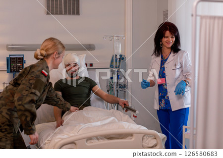 A Medical Scene Depicting a Soldier, Nurse, and Patient Interacting in a Hospital Setting 126580683