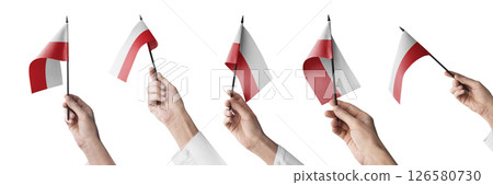 The Poland flag in hand in different angles on a white background The Poland flag in hand in different angles on a white background 126580730