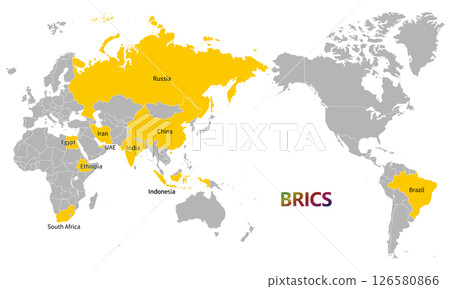 World map with BRICS member countries as of May 2025, with English country names 126580866