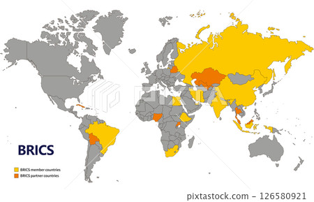 World map and BRICS countries, current member and partner countries as of May 2025, Atlantic Ocean World map and BRICS countries, current member and partner countries as of May 2025, Atlantic Ocean 126580921