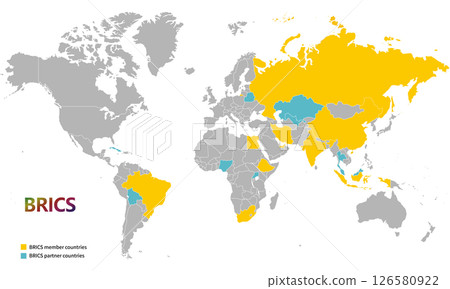 World map and BRICS countries, current member and partner countries as of May 2025, Atlantic Ocean World map and BRICS countries, current member and partner countries as of May 2025, Atlantic Ocean 126580922