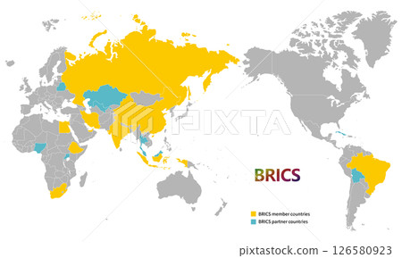 World map and BRICS countries, current member and partner countries as of May 2025, Pacific World map and BRICS countries, current member and partner countries as of May 2025, Pacific 126580923