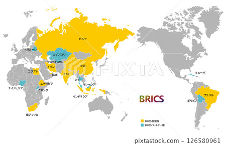 World map and BRICS countries, current member countries and partner countries as of May 2025, and country names in Japanese 126580961