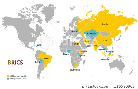 World map and BRICS countries, current member and partner countries as of May 2025, and English country names 126580962