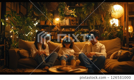 A family of three sits on a couch in a living room 126581000