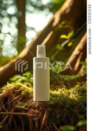 A bottle of lotion is sitting on a mossy log in a forest 126581016