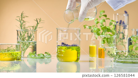 A collection of beakers with herbal infusions, placed next to green plants and test tubes on a clean white lab surface. Scene of research and extraction of herbal essential oils A collection of beakers with herbal infusions, placed next to green plants and test tubes on a clean white lab surface. Scene of research and extraction of herbal essential oils 126581044