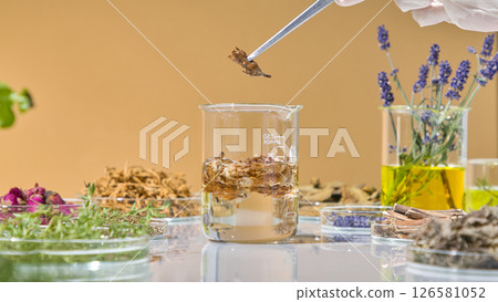 Use tweezers to pick up a sprig of dried herbs and drop them into the beaker to begin the process of creating a natural extract or skin care formula. Photo for advertising 126581052