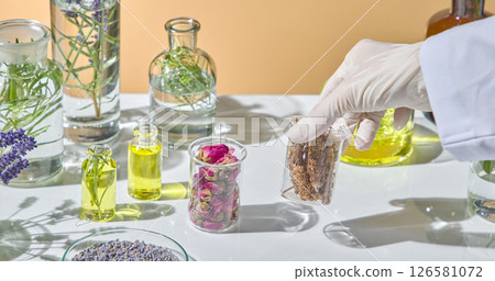 Adding red rose petals into a glass jar containing natural essential oils as part of fragrance or skincare testing. Scene for advertising herbal ingredient 126581072