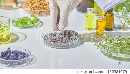 Lab worker placing dried herbs and flowers into petri dishes for examination and analysis in a natural skincare research process. 126581079