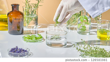Aromatherapy research scene with glass containers, essential oils, and dried herbs arranged for botanical testing and analysis. Scientist's hands are performing research operations Aromatherapy research scene with glass containers, essential oils, and dried herbs arranged for botanical testing and analysis. Scientist's hands are performing research operations 126581081