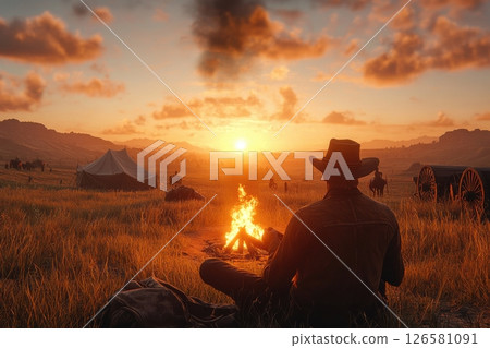 Cowboy campfire gathering at sunset western landscape digital art serene environment side view adventure concept 126581091
