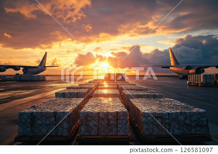 Air cargo operations at sunset airport photography industrial aerial view logistics in motion 126581097