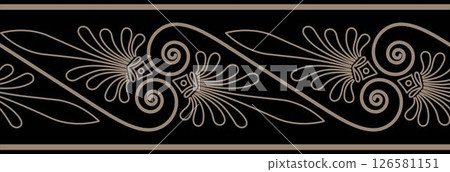 Vector golden at black seamless classic greek ornament. Pattern for border, frame. Endless European pattern. Ancient Greece, Roman Empire. Byzantine pattern of European palaces, textile, embroidery Vector golden at black seamless classic greek ornament. Pattern for border, frame. Endless European pattern. Ancient Greece, Roman Empire. Byzantine pattern of European palaces, textile, embroidery 126581151