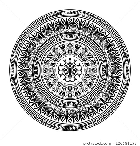 Vector monochrome round classical Greek ornament. Greek meander. Patterns of Greece, ancient Rome. Circle european border. Typical egyptian, assyrian and greek motives. Circle, Arabesque, Byzantine 126581153