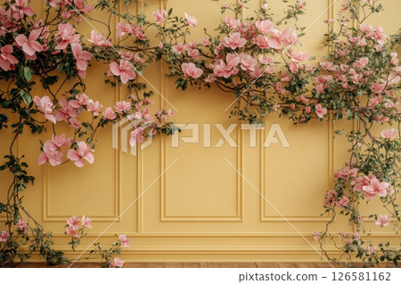 Floral arrangement indoor studio photography bright yellow wall close-up nature inspired design Floral arrangement indoor studio photography bright yellow wall close-up nature inspired design 126581162