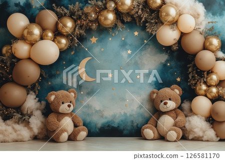 Dreamy indoor teddy bear photo shoot with whimsical decorative display 126581170