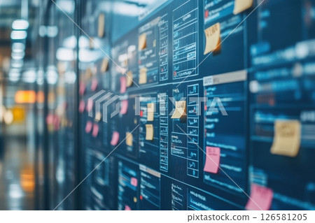 Project management dashboard office digital display corporate environment close-up view workflow visualization 126581205