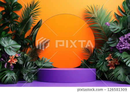 Vibrant tropical stage setup creative event indoor environment artistic presentation colorful backdrop concept for photoshoots 126581309