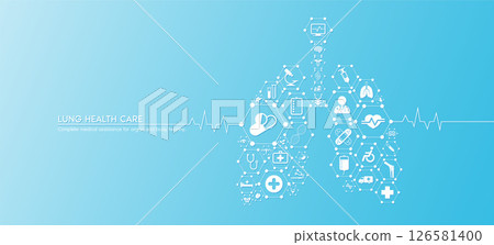 Lung health care. Medical icons in hexagons connected in the shape of the human organ with white rate graph heart pulse. Organs icons on blue background. Medical care banner concept. Vector. 126581400