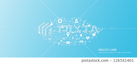 Mouth health care. Medical icons in hexagons connected in the shape of the human organ with white rate graph heart pulse. Organs icons on blue background. Medical care banner concept. Vector. Mouth health care. Medical icons in hexagons connected in the shape of the human organ with white rate graph heart pulse. Organs icons on blue background. Medical care banner concept. Vector. 126581401