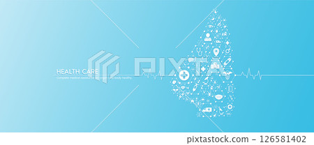Nose health care. Medical icons in hexagons connected in the shape of the human organ with white rate graph heart pulse. Organs icons on blue background. Medical care banner concept. Vector. Nose health care. Medical icons in hexagons connected in the shape of the human organ with white rate graph heart pulse. Organs icons on blue background. Medical care banner concept. Vector. 126581402