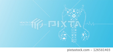 Reproductive system male health care. Medical icon in hexagons connected in the shape of the human organ with white rate graph heart pulse. Organs icons on blue background. Medical concept. Vector. Reproductive system male health care. Medical icon in hexagons connected in the shape of the human organ with white rate graph heart pulse. Organs icons on blue background. Medical concept. Vector. 126581403