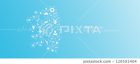 Spine joint health care. Medical icons in hexagons connected in the shape of the human organ with white rate graph heart pulse. Organs icons on blue background. Medical care banner concept. Vector. Spine joint health care. Medical icons in hexagons connected in the shape of the human organ with white rate graph heart pulse. Organs icons on blue background. Medical care banner concept. Vector. 126581404