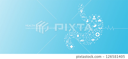 Stomach health care. Medical icons in hexagons connected in the shape of the human organ with white rate graph heart pulse. Organs icons on blue background. Medical care banner concept. Vector. Stomach health care. Medical icons in hexagons connected in the shape of the human organ with white rate graph heart pulse. Organs icons on blue background. Medical care banner concept. Vector. 126581405
