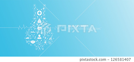 Thyroid gland health care. Medical icons in hexagons connected in the shape of the human organ with white rate graph heart pulse. Organs icons on blue background. Medical care banner concept. Vector. Thyroid gland health care. Medical icons in hexagons connected in the shape of the human organ with white rate graph heart pulse. Organs icons on blue background. Medical care banner concept. Vector. 126581407