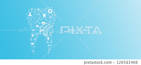 Tooth health care. Medical icons in hexagons connected in the shape of the human organ with white rate graph heart pulse. Organs icons on blue background. Medical care banner concept. Vector. Tooth health care. Medical icons in hexagons connected in the shape of the human organ with white rate graph heart pulse. Organs icons on blue background. Medical care banner concept. Vector. 126581408