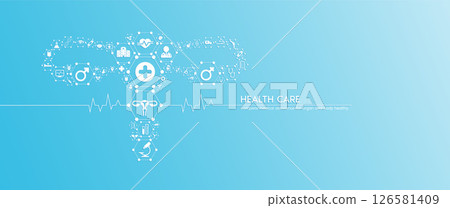 Female uterus health care. Medical icons in hexagons connected in the shape of the human organ with white rate graph heart pulse. Organs icons on blue background. Medical care banner concept. Vector. Female uterus health care. Medical icons in hexagons connected in the shape of the human organ with white rate graph heart pulse. Organs icons on blue background. Medical care banner concept. Vector. 126581409