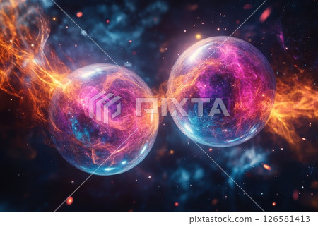 Cosmic collision two energy spheres deep space digital art nebula environment abstract viewpoint quantum concept 126581413