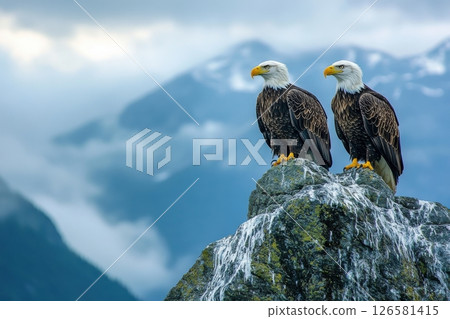 Two eagles are perched on a rock in front of a mountain Two eagles are perched on a rock in front of a mountain 126581415