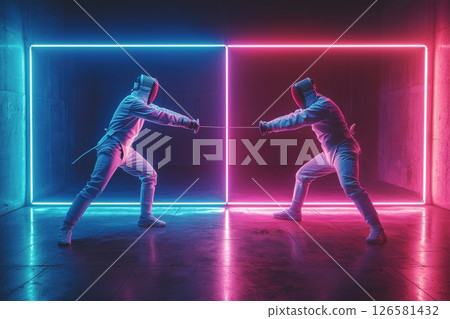 Dramatic fencing duel neon studio sports photography dark environment dynamic perspective strength and skill 126581432