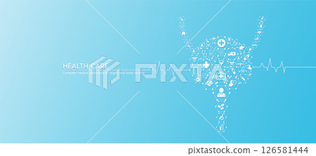 Bladder health care. Medical icons in hexagons connected in the shape of the human organ with white rate graph heart pulse. Organs icons on blue background. Medical care banner concept. Vector. 126581444