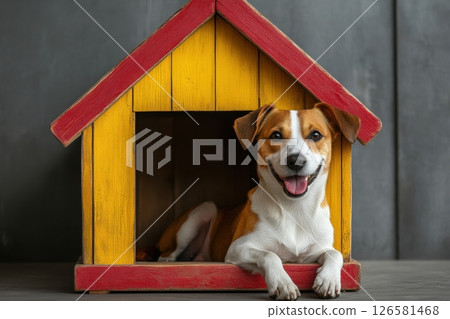 Happy dog relaxing in colorful doghouse cozy indoor setting pet photography playful atmosphere close-up view joyful companionship 126581468