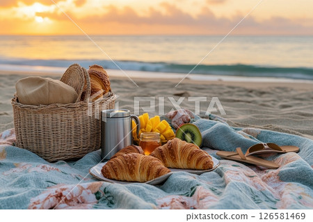 Beach picnic with croissants and fresh fruit at sunset ocean view lifestyle photography relaxing atmosphere Beach picnic with croissants and fresh fruit at sunset ocean view lifestyle photography relaxing atmosphere 126581469