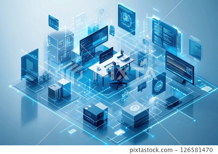 Innovative technology solutions in a modern office space digital environment futuristic viewpoint data visualization impact 126581470