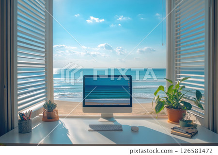 Seaside workspace inspiration beachfront office digital workspace coastal environment serene viewpoint relaxed concept for productivity 126581472