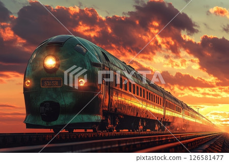 A train is traveling down the tracks with a sunset in the background 126581477