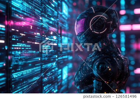Exploring a neon cyber city 3d artwork of a futuristic robot in digital realm Exploring a neon cyber city 3d artwork of a futuristic robot in digital realm 126581496
