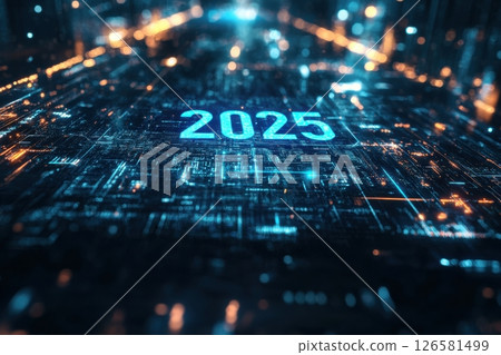 A road with a blue and orange word 2025. background 126581499