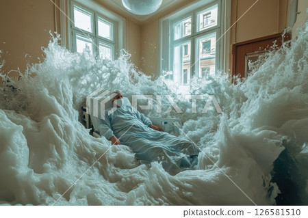 A man is laying in a bed of white foam, with his head in the air 126581510