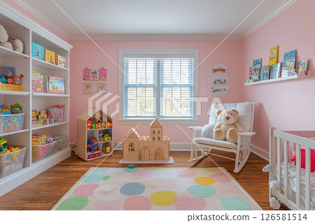 Cozy playroom for kids home interior photography bright environment wide view fun concept 126581514